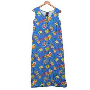 Vtg Big Hed Designs Maxi Dress Blue Multi Stamp Print Sleeveless Side Slit Sz M